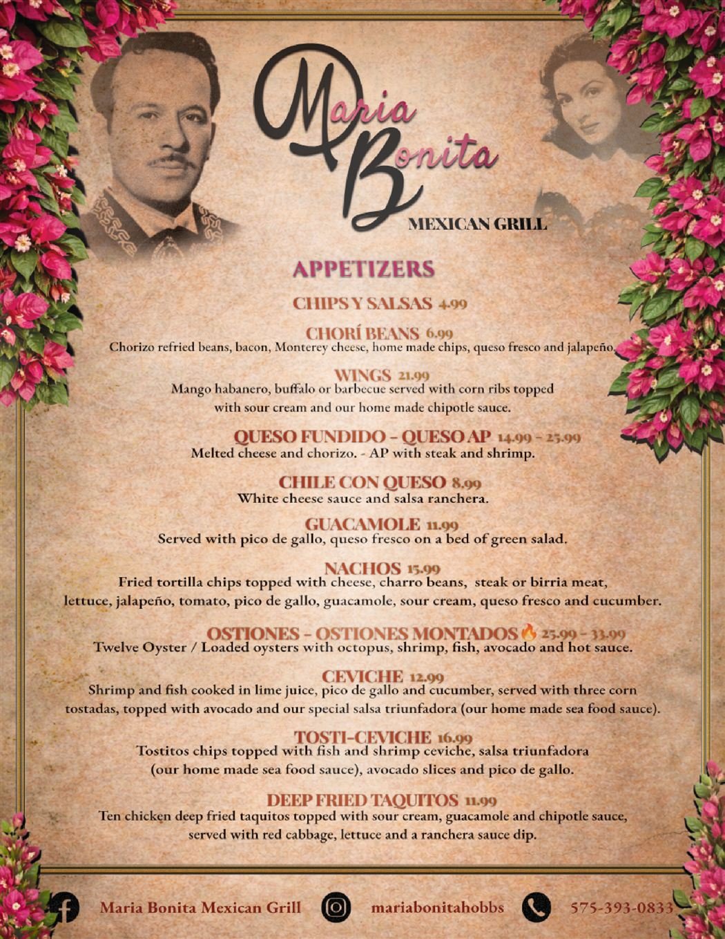 Printed menu for María Bonita Mexican Grill