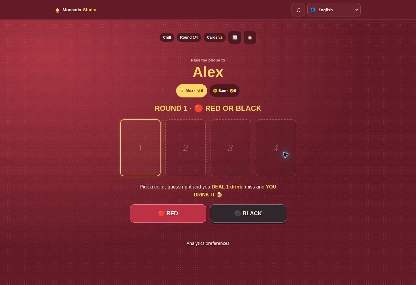Ponte Pedo setup and Round 1 screen in English with player names and Red or Black choice.