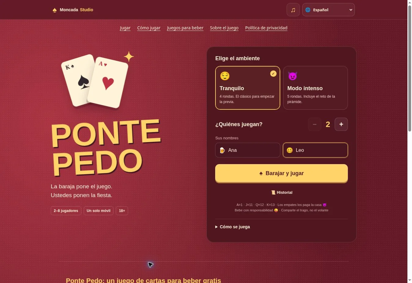 Pantalla de configuración de Ponte Pedo con nombres de jugadores y selección de intensidad.