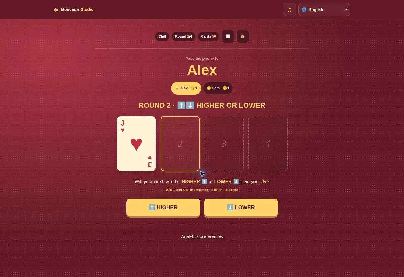 Turn in English showing the Higher or Lower card round. For adults aged 18 and over.