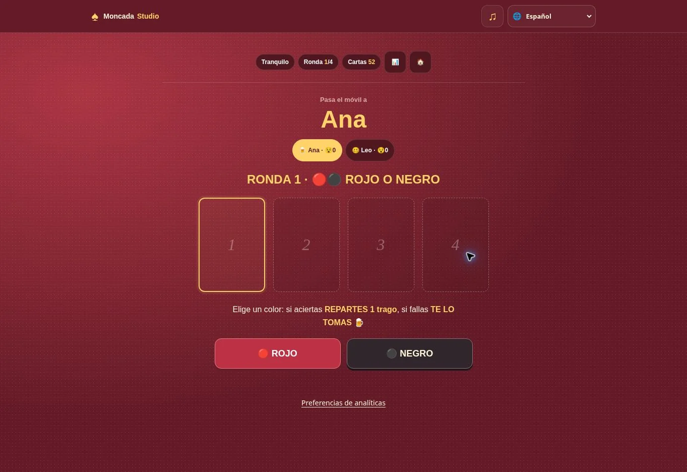 Turno de Ana con la elección de carta roja o negra. Juego para mayores de 18 años.