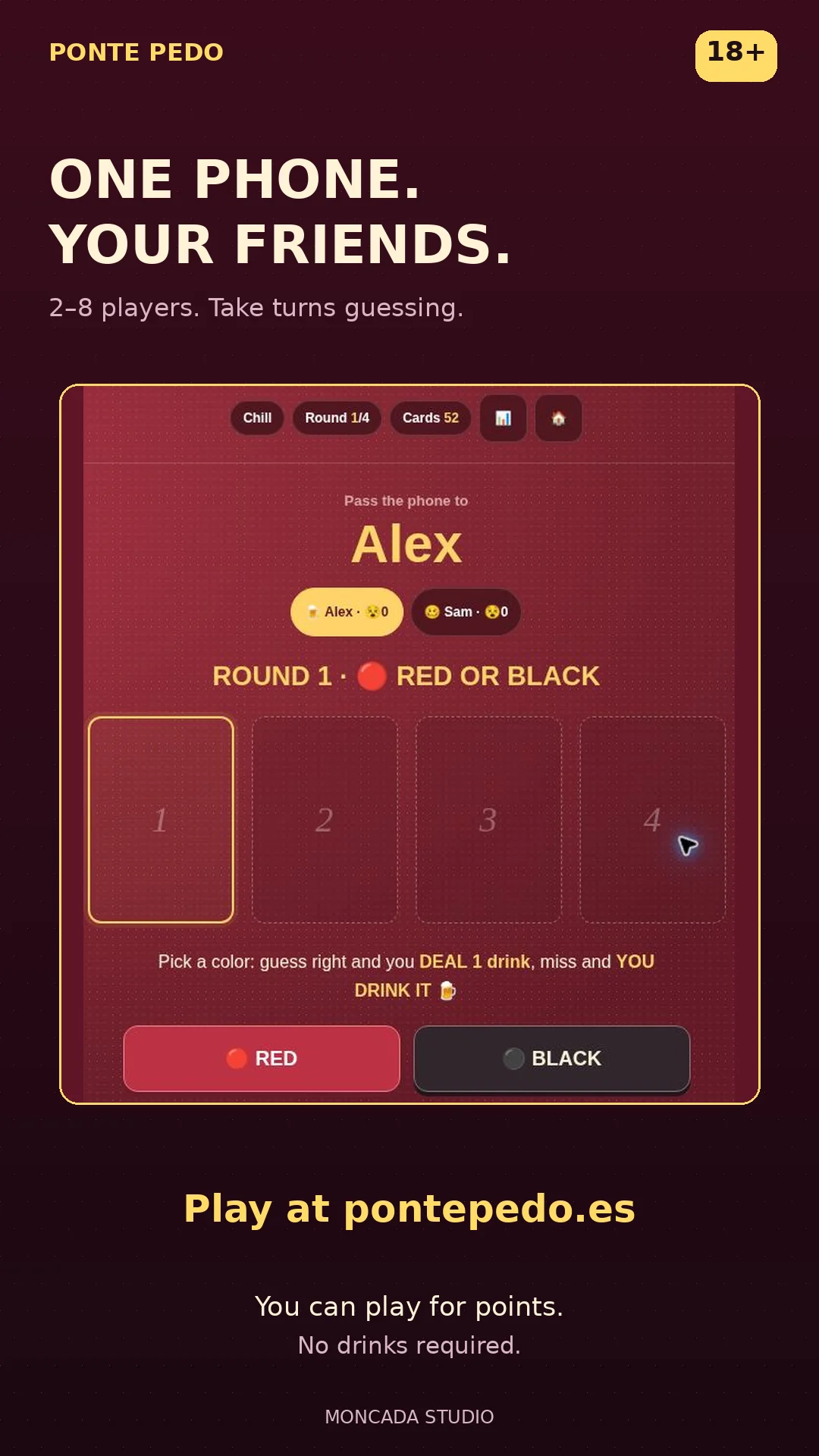 Ponte Pedo — Red or black? One phone, 2–8 friends and card rounds that get the party talking