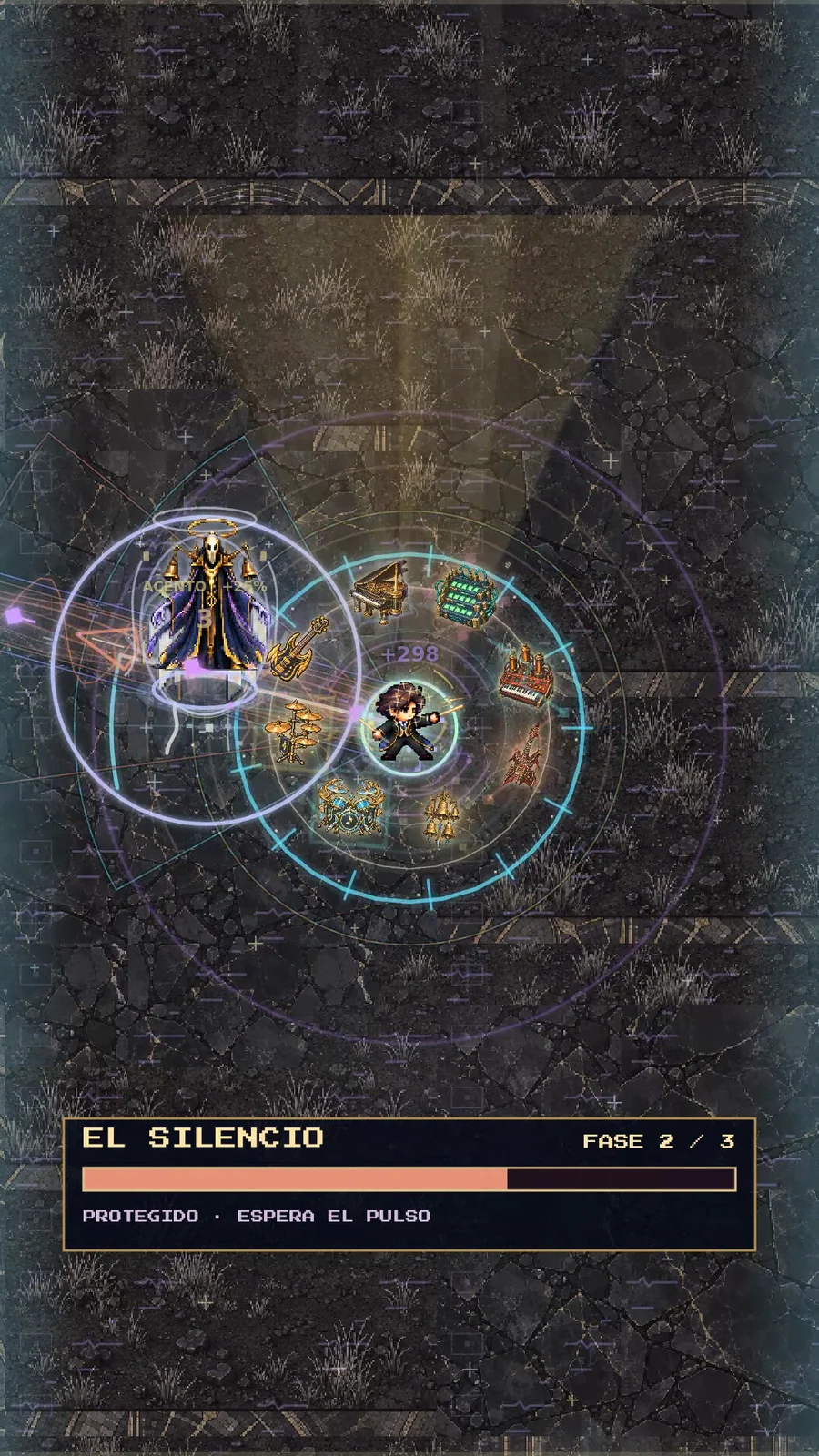 Combate de demostración de PulseForge con la barra de vida del jefe El Silencio.