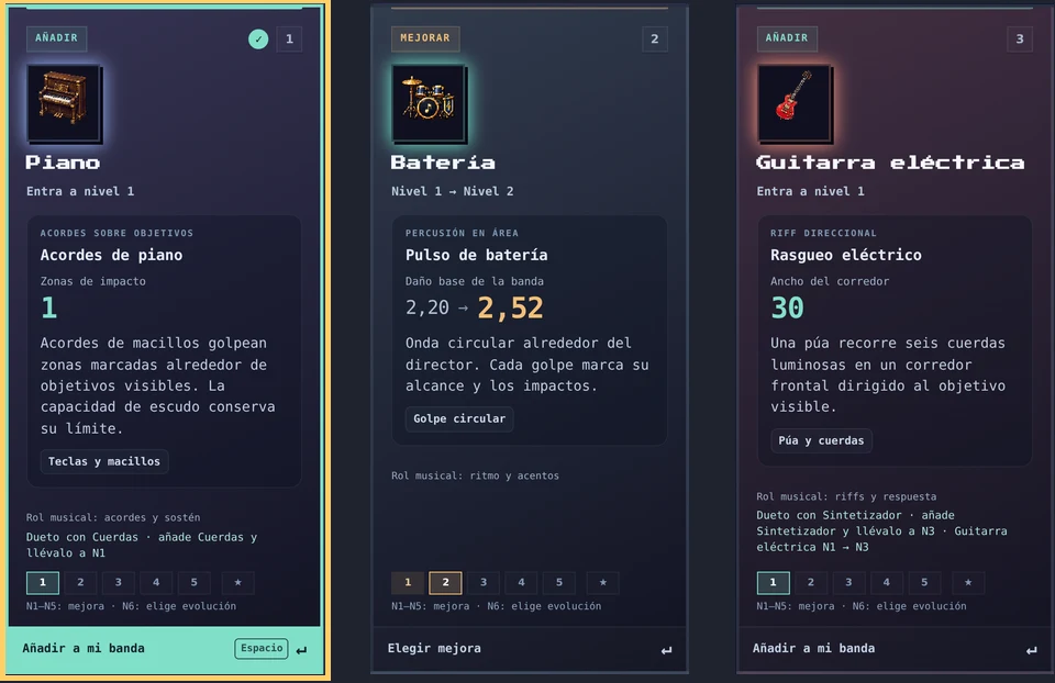 Selección de cartas de instrumentos: Piano, Batería y Guitarra eléctrica con roles musicales y mejoras.