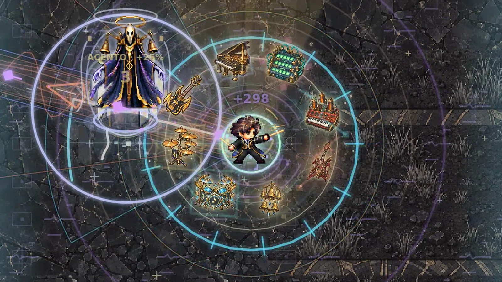 Combate de demostración de PulseForge frente al jefe El Silencio con anillos de ritmo activos.