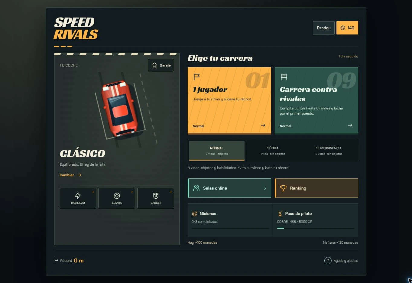 Menú actual de Speed Rivals: elección de carrera y modos de juego.