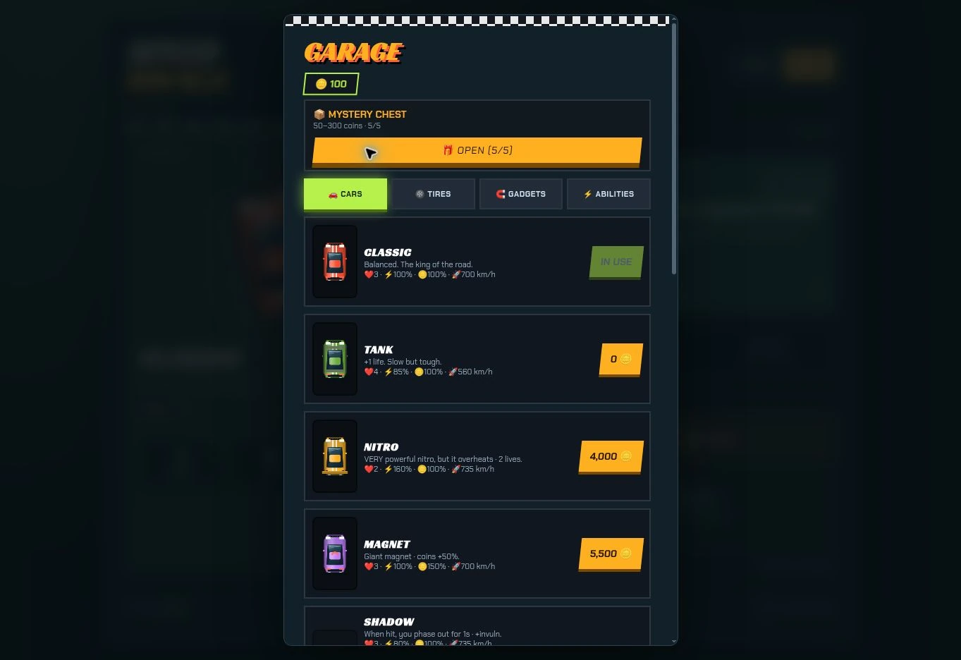 Current Speed Rivals garage with cars and equipment options.