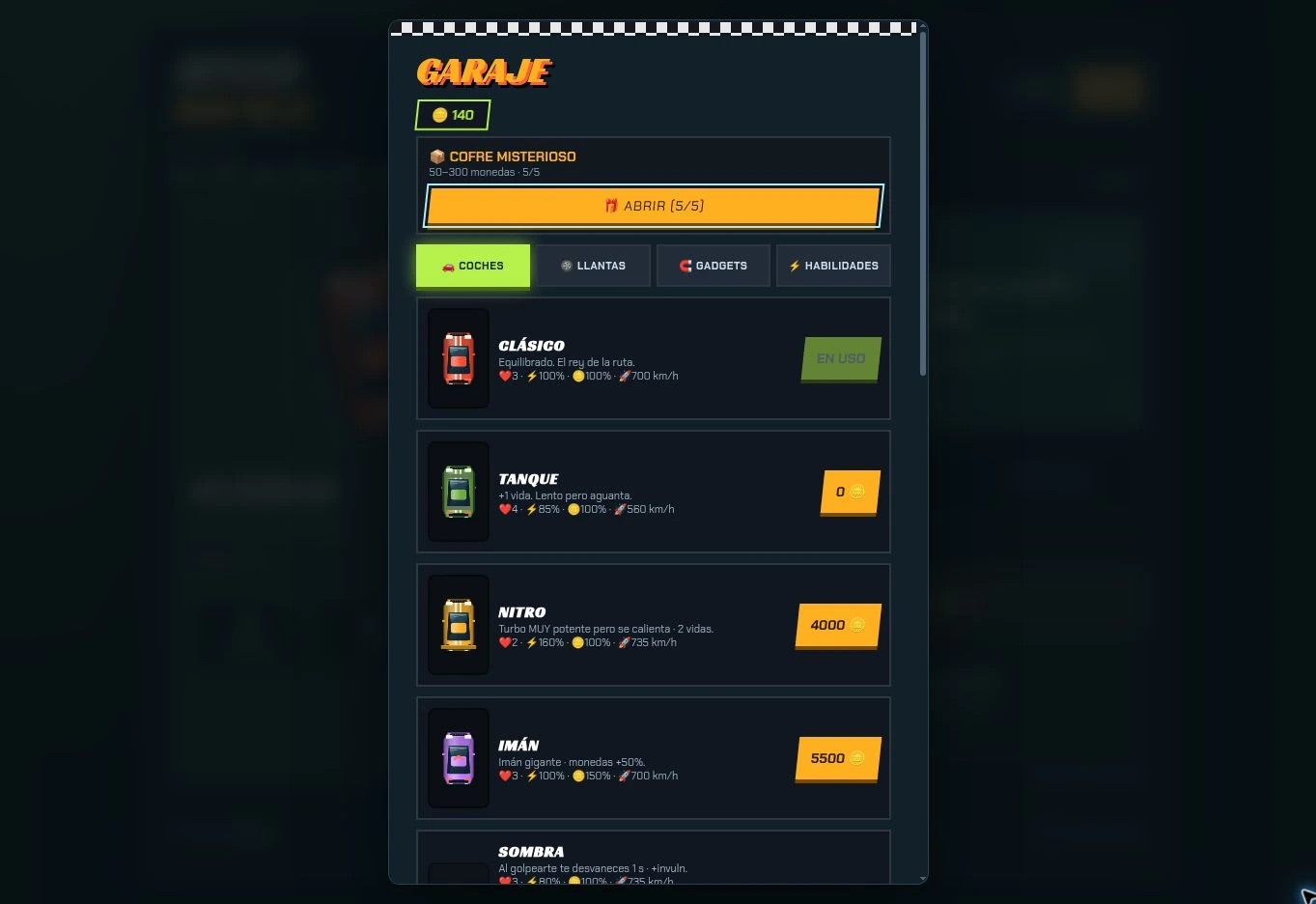 Garaje actual de Speed Rivals con autos y opciones de equipamiento.